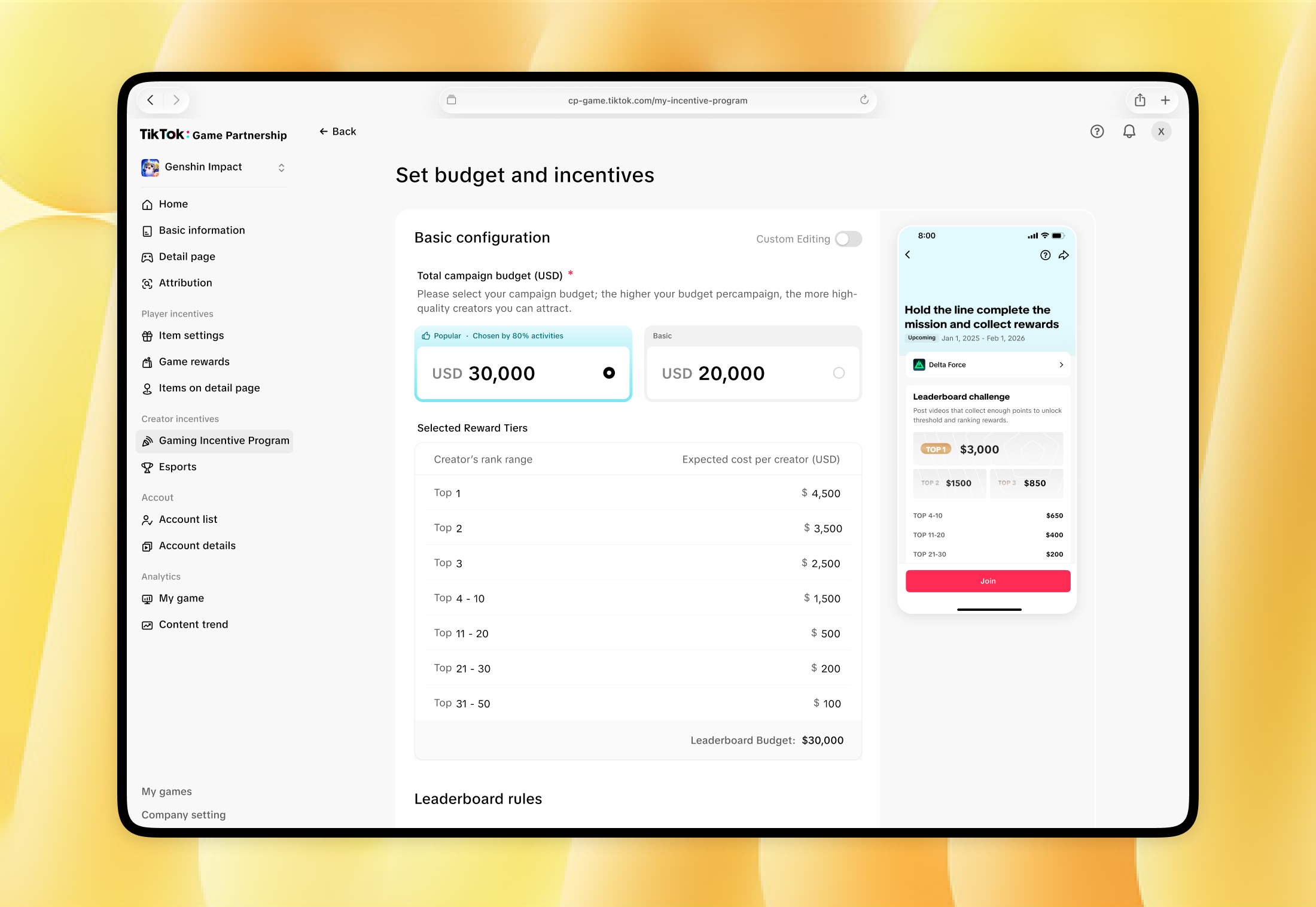 Leaderboard reward and budget configuration with a mobile preview